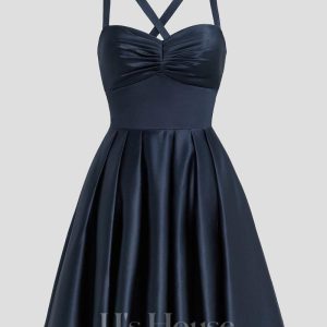 Birthday | A-line Sweetheart Short Satin Homecoming Dress With Pleated Dark Navy – Womens