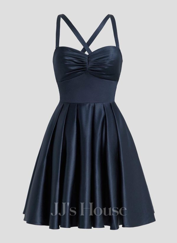 Birthday | A-line Sweetheart Short Satin Homecoming Dress With Pleated Dark Navy – Womens