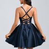 Birthday | A-line Sweetheart Short Satin Homecoming Dress With Pleated Dark Navy – Womens