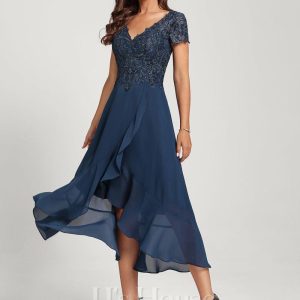 Birthday | A-line V-Neck Asymmetrical Lace Chiffon Cocktail Dress Navy Blue – Womens