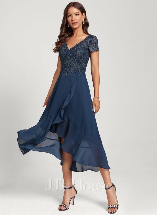 Birthday | A-line V-Neck Asymmetrical Lace Chiffon Cocktail Dress Navy Blue – Womens