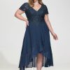 Birthday | A-line V-Neck Asymmetrical Lace Chiffon Cocktail Dress Navy Blue – Womens