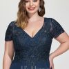 Birthday | A-line V-Neck Asymmetrical Lace Chiffon Cocktail Dress Navy Blue – Womens