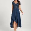 Birthday | A-line V-Neck Asymmetrical Lace Chiffon Cocktail Dress Navy Blue – Womens