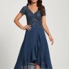 Birthday | A-line V-Neck Asymmetrical Lace Chiffon Cocktail Dress Navy Blue – Womens