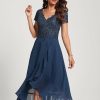 Birthday | A-line V-Neck Asymmetrical Lace Chiffon Cocktail Dress Navy Blue – Womens