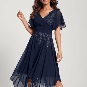 Birthday | A-line V-Neck Asymmetrical Lace Chiffon Cocktail Dress With Sequins As Picture – Womens