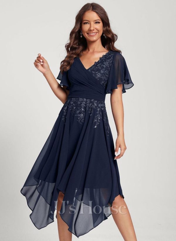 Birthday | A-line V-Neck Asymmetrical Lace Chiffon Cocktail Dress With Sequins As Picture – Womens