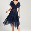 Birthday | A-line V-Neck Asymmetrical Lace Chiffon Cocktail Dress With Sequins As Picture – Womens