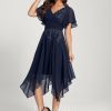 Birthday | A-line V-Neck Asymmetrical Lace Chiffon Cocktail Dress With Sequins As Picture – Womens