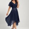 Birthday | A-line V-Neck Asymmetrical Lace Chiffon Cocktail Dress With Sequins As Picture – Womens