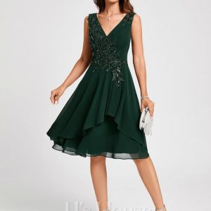 Birthday | A-line V-Neck Knee-Length Lace Chiffon Cocktail Dress With Sequins Appliques Lace As Picture – Womens