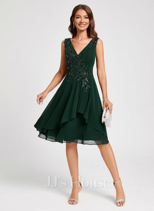 Birthday | A-line V-Neck Knee-Length Lace Chiffon Cocktail Dress With Sequins Appliques Lace As Picture – Womens