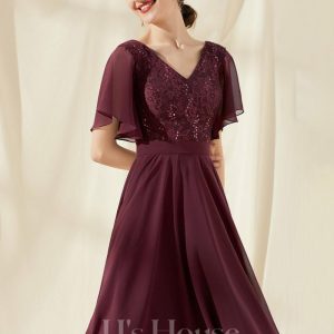 Birthday | A-line V-Neck Knee-Length Lace Chiffon Cocktail Dress With Sequins Cabernet – Womens