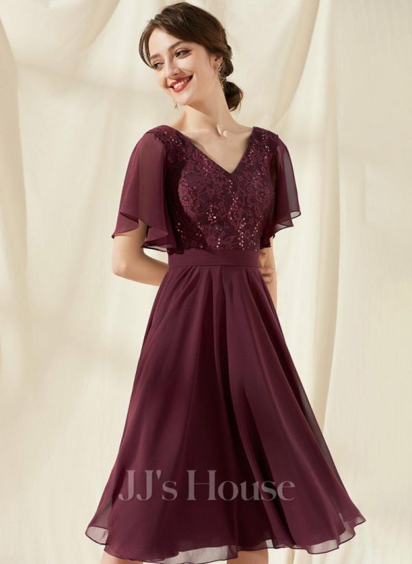 Birthday | A-line V-Neck Knee-Length Lace Chiffon Cocktail Dress With Sequins Cabernet – Womens