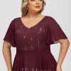 Birthday | A-line V-Neck Knee-Length Lace Chiffon Cocktail Dress With Sequins Cabernet – Womens