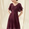 Birthday | A-line V-Neck Knee-Length Lace Chiffon Cocktail Dress With Sequins Cabernet – Womens