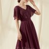 Birthday | A-line V-Neck Knee-Length Lace Chiffon Cocktail Dress With Sequins Cabernet – Womens