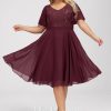 Birthday | A-line V-Neck Knee-Length Lace Chiffon Cocktail Dress With Sequins Cabernet – Womens