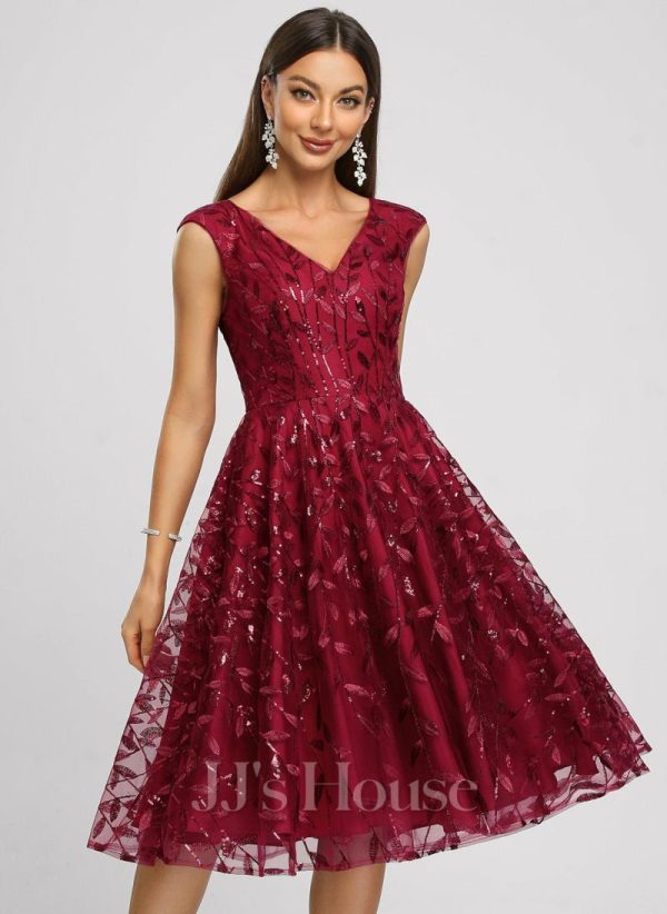 Birthday | A-line V-Neck Knee-Length Lace Sequin Cocktail Dress Burgundy – Womens