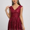 Birthday | A-line V-Neck Knee-Length Lace Sequin Cocktail Dress Burgundy – Womens