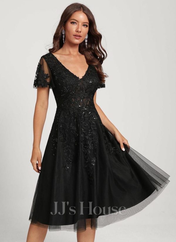 Birthday | A-line V-Neck Knee-Length Tulle Lace Cocktail Dress With Sequins Black – Womens