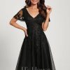 Birthday | A-line V-Neck Knee-Length Tulle Lace Cocktail Dress With Sequins Black – Womens