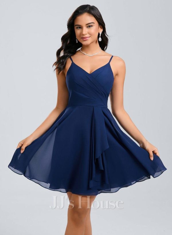 Birthday | A-line V-Neck Short Chiffon Homecoming Dress Navy Blue – Womens