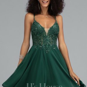 Birthday | A-line V-Neck Short Chiffon Homecoming Dress With Sequins Beading Dark Green – Womens