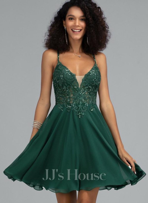 Birthday | A-line V-Neck Short Chiffon Homecoming Dress With Sequins Beading Dark Green – Womens