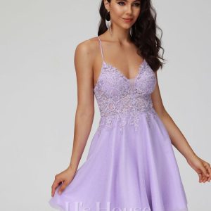 Birthday | A-line V-Neck Short Lace Tulle Homecoming Dress With Beading Lilac – Womens