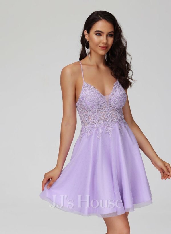 Birthday | A-line V-Neck Short Lace Tulle Homecoming Dress With Beading Lilac – Womens