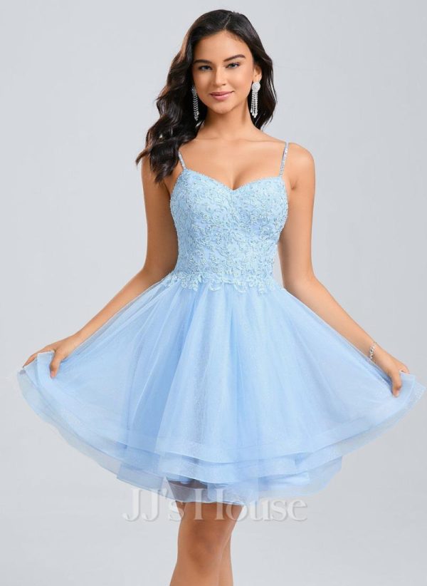 Birthday | A-line V-Neck Short Lace Tulle Homecoming Dress With Rhinestone Sequins As Picture – Womens