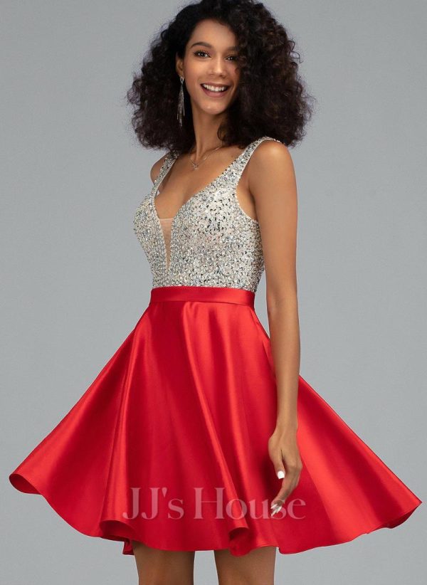 Birthday | A-line V-Neck Short Satin Homecoming Dress With Beading Sequins Red – Womens