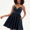 Birthday | A-line V-Neck Short Satin Homecoming Dress With Pleated Dark Navy – Womens