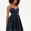 Birthday | A-line V-Neck Short Satin Homecoming Dress With Pleated Dark Navy – Womens