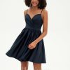 Birthday | A-line V-Neck Short Satin Homecoming Dress With Pleated Dark Navy – Womens