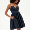 Birthday | A-line V-Neck Short Satin Homecoming Dress With Pleated Dark Navy – Womens