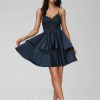 Birthday | A-line V-Neck Short Satin Lace Homecoming Dress Dark Navy – Womens