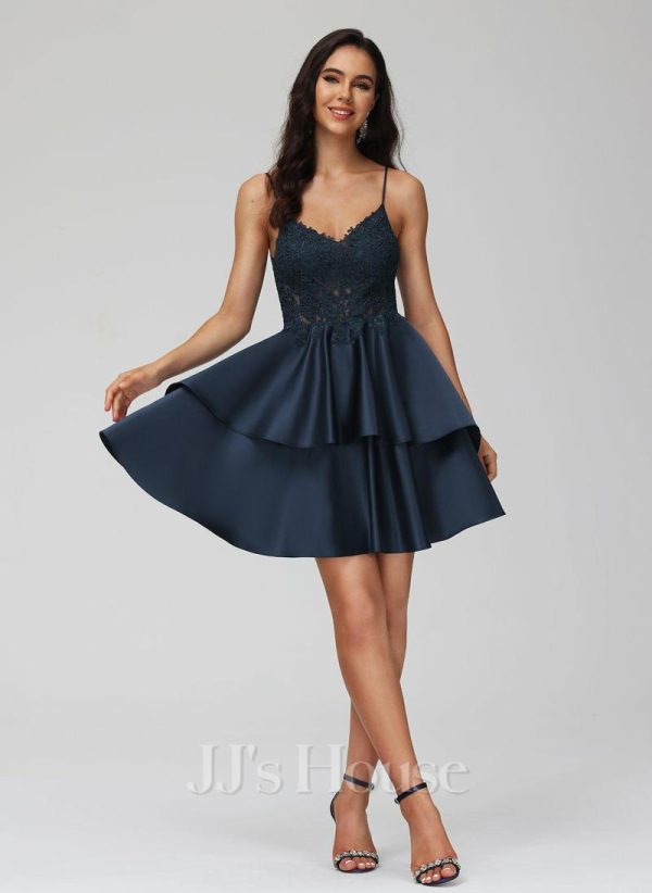 Birthday | A-line V-Neck Short Satin Lace Homecoming Dress Dark Navy – Womens