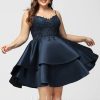 Birthday | A-line V-Neck Short Satin Lace Homecoming Dress Dark Navy – Womens