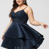 Birthday | A-line V-Neck Short Satin Lace Homecoming Dress Dark Navy – Womens