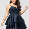 Birthday | A-line V-Neck Short Satin Lace Homecoming Dress Dark Navy – Womens