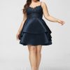 Birthday | A-line V-Neck Short Satin Lace Homecoming Dress Dark Navy – Womens