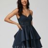 Birthday | A-line V-Neck Short Satin Lace Homecoming Dress Dark Navy – Womens