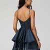 Birthday | A-line V-Neck Short Satin Lace Homecoming Dress Dark Navy – Womens