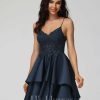 Birthday | A-line V-Neck Short Satin Lace Homecoming Dress Dark Navy – Womens