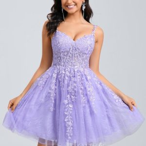 Birthday | A-line V-Neck Short Tulle Lace Homecoming Dress As Picture – Womens