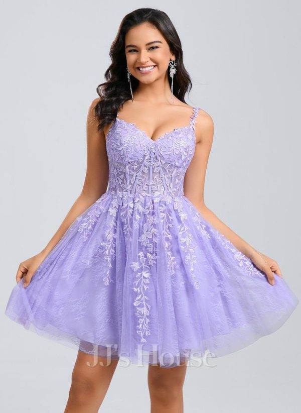 Birthday | A-line V-Neck Short Tulle Lace Homecoming Dress As Picture – Womens