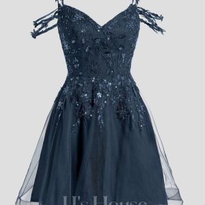 Birthday | A-line V-Neck Short Tulle Lace Homecoming Dress With Sequins Dark Navy – Womens